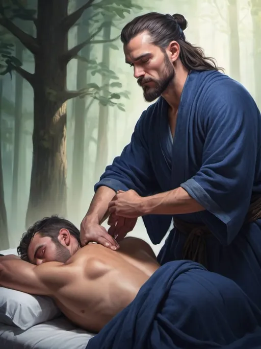 Prompt: fantasy novel cover style illustration of a strong male druid dressed in indigo robes giving a massage to a strong man on a bed in a forest inn 