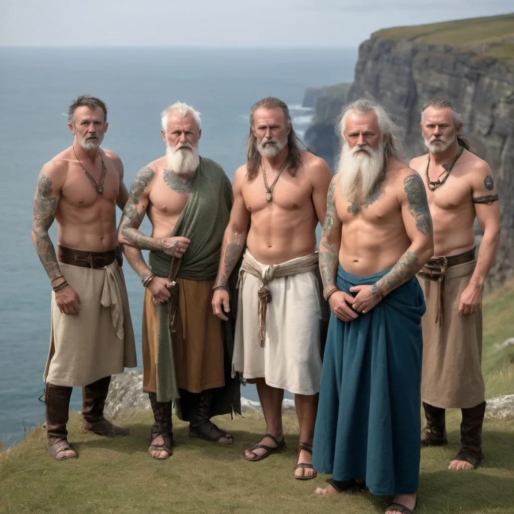 Prompt: a gathering of middle aged male druids with blue woad covering their arms and chests and bronze age tattoos covering their torsos are dressed in bronze age irish druid garb standing near a fire near a cliff overlooking the ocean
