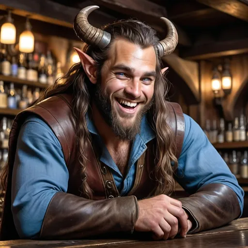 Prompt: a strong rugged 6 foot and 5 inches tall, 250 pound male tiefling rogue with blue eyes, mottled tan skin, and long wavy dark hair and a full beard is laughing as he sits at the bar in a medieval pub with an ale in his hand