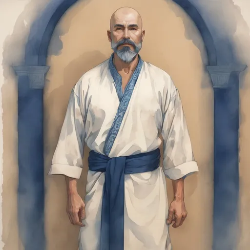Prompt: full body, middle aged human male druid, massage healer, dark blue mustache and goatee, shaved head,dark blue fitted pants, white cotton shirt,on light brown paper.fantasy art, gouache paint detail texture