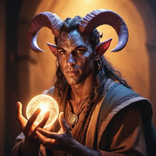 Prompt: hyper-realistic male Tiefling druid character with bright light hands, fantasy character art, illustration, dnd, warm tone