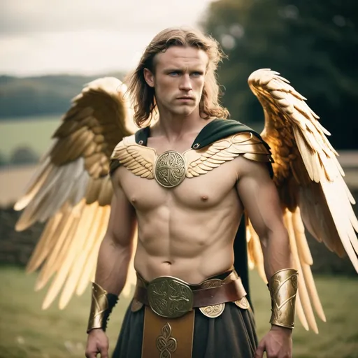 Prompt: powerful male celtic warrior,majestic golden wings,old English farm,posing,captured with soft focus and muted colors typical of early film photography