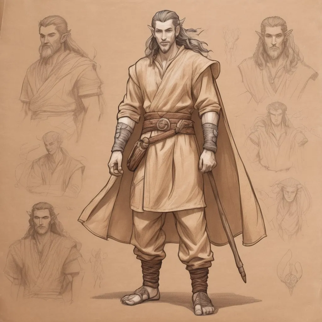 Prompt: full body sketch human male druid healer,cotton pants and shirt,on light brown paper.Dungeons and dragon art, pencil detail texture