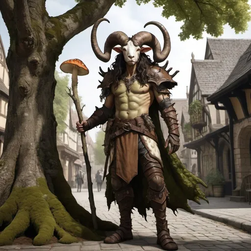 Prompt: Full body view of a strong 6 foot and 5 inches tall, 250 pound male tiefling mushroom druid with goat legs, mottled tan skin, long wavy dark hair with moss and sticks sticking out of it, wearing leather armor and standing near a tree in the middle of a medieval city