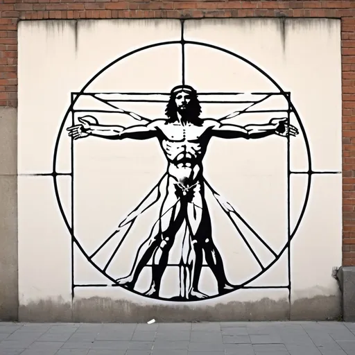 Prompt: Banksy style Vitruvian man, street art, stencil, satirical, black and white