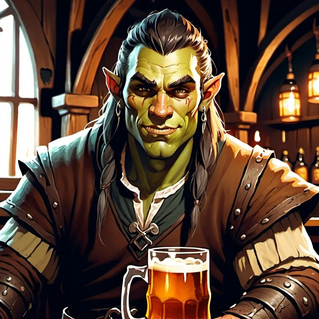Prompt: thin young handsome male half orc wizard with tusks smirking character holding a pint of ale in a tavern , fantasy character art, illustration, dnd, warm tone