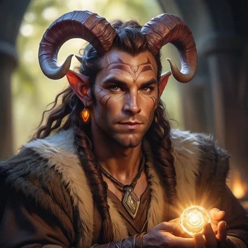 Prompt: hyper-realistic rugged male Tiefling druid character with bright light hands, fantasy character art, illustration, dnd, warm tone