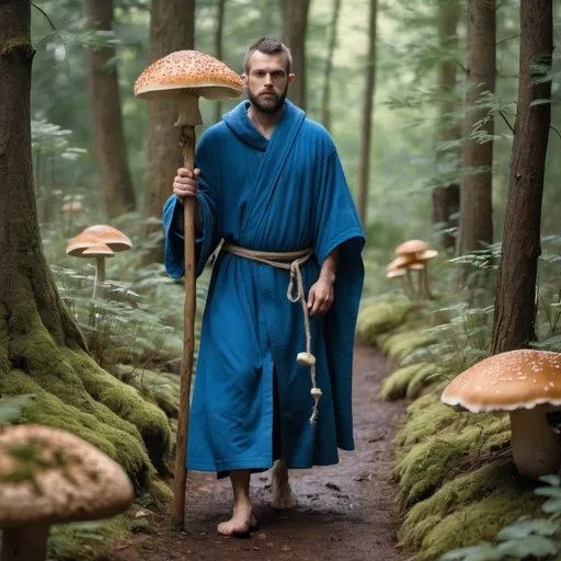 Prompt: full body strong rugged 30 year old man wearing layered blue monastic robes and holding a wooden staff that has mushrooms growing out of it