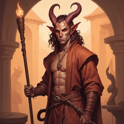 Prompt: male tiefling druid character holding a quarterstaff in an all male brothel , fantasy character art, illustration, dnd, warm tone