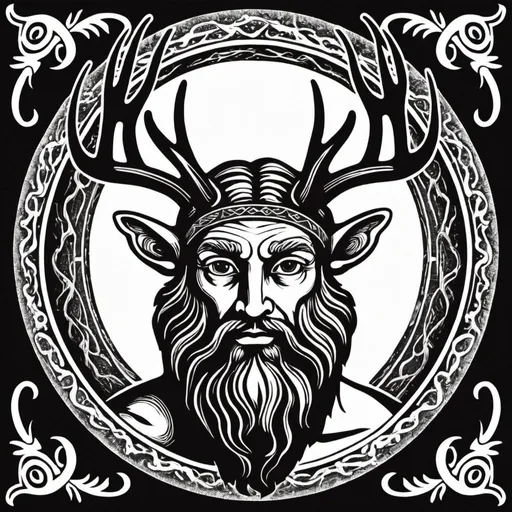 Prompt: woodcut style image of cernunnos, black and white