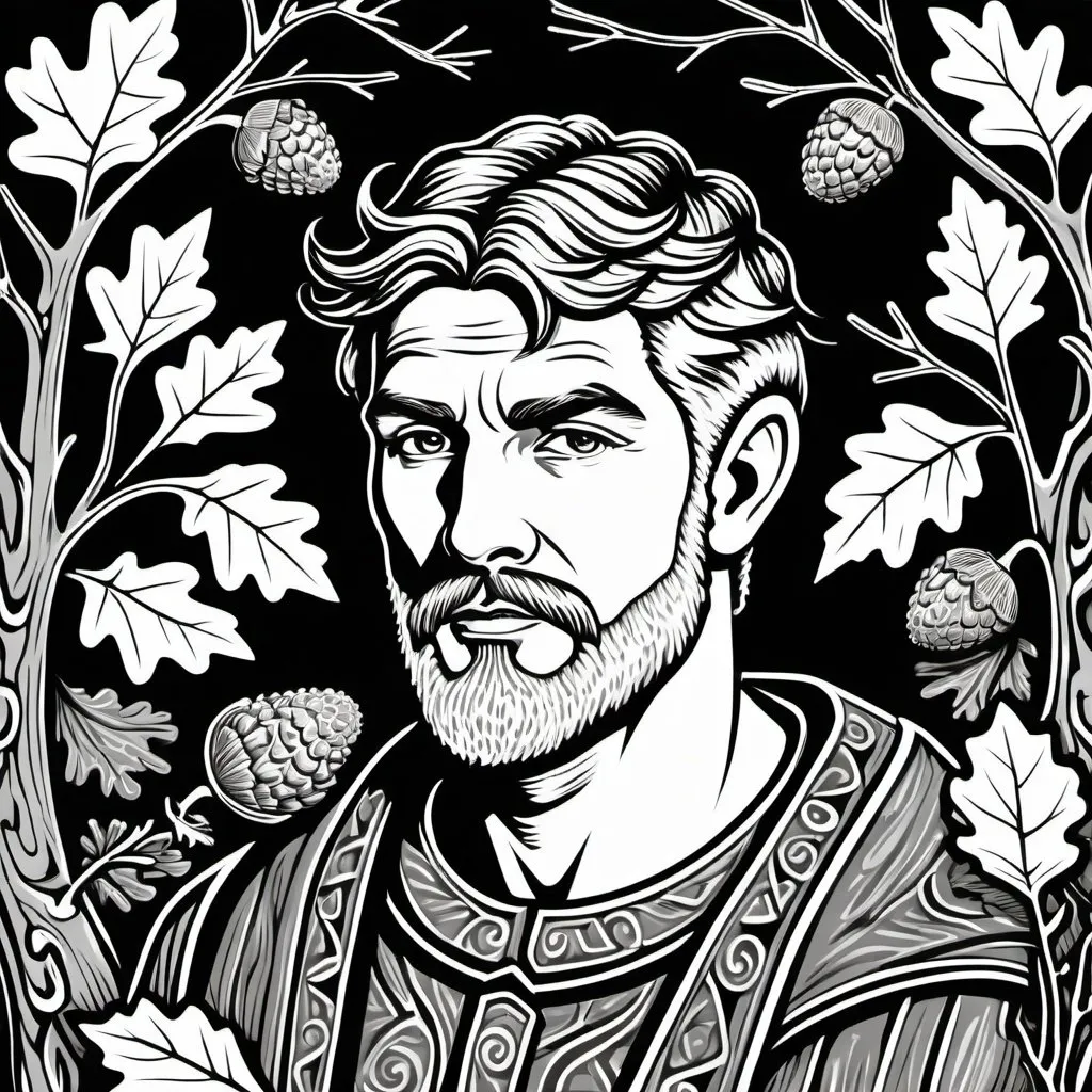 Prompt: woodcut style, handsome druid, oak leaf acorn background, black and white only