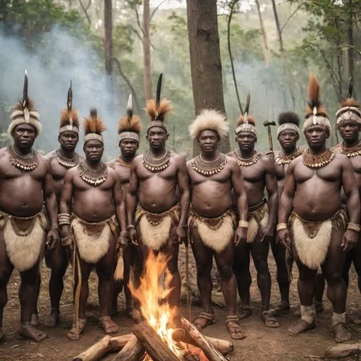 Prompt: a gathering of different aged male zulu warriors are dressed in stone age zulu garb standing near a fire in a forest clearing.

