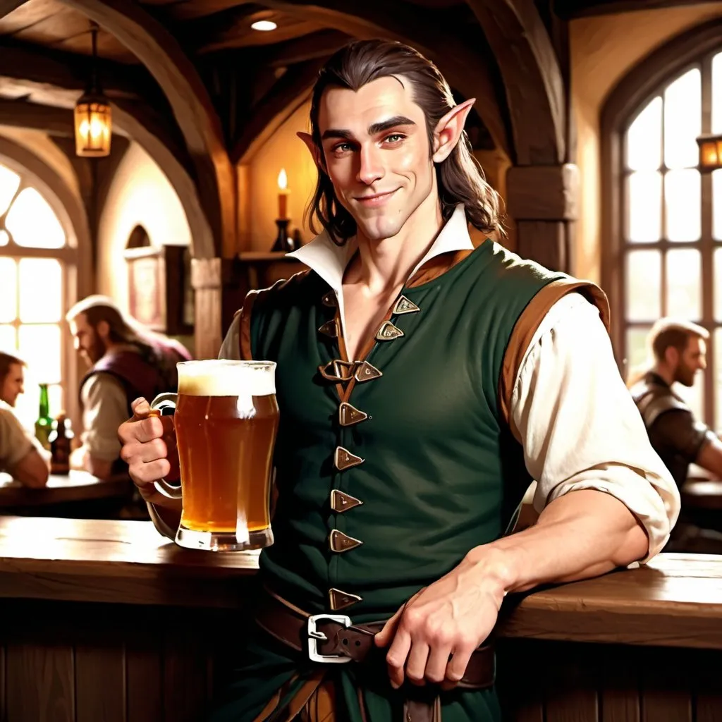 Prompt: full body muscular young handsome male half elf wizard smirking character holding a pint of ale in a tavern , fantasy character art, illustration, dnd, warm tone