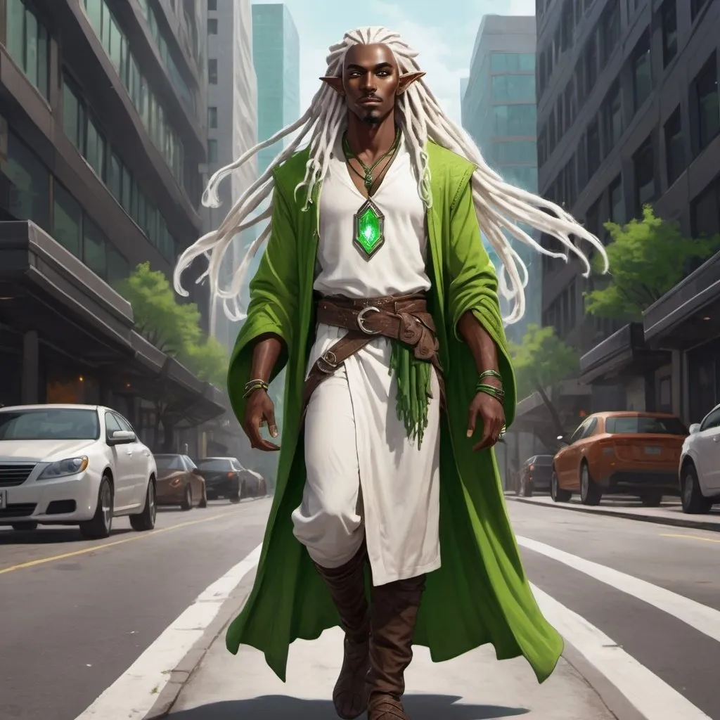 Prompt: full body d&d illustration of a dark skinned male elven druid with bright green eyes, shining white dreadlocks and mustache floating above the street in a modern city. 