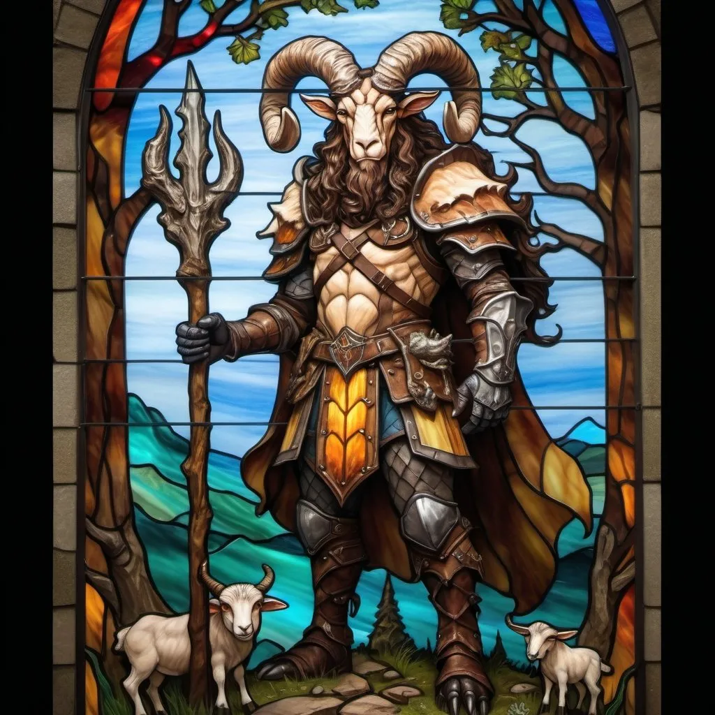 Prompt: Full body view of a strong 6 foot and 5 inches tall, 250 pound tiefling mushroom druid with ram horns, goat legs, mottled tan skin, long wavy dark hair with moss and sticks sticking out of it, wearing leather armor and standing near a tree in the middle of a medieval city