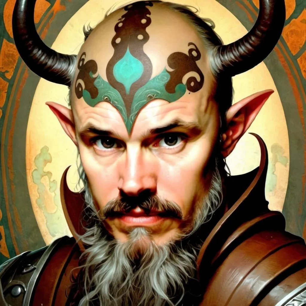 Prompt: mushroom druid, tiefling, male, strong, majestic horns, leather armor, long beard style