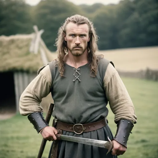 Prompt: rugged male celt warrior,old English farm,posing,captured with soft focus and muted colors typical of early film photography