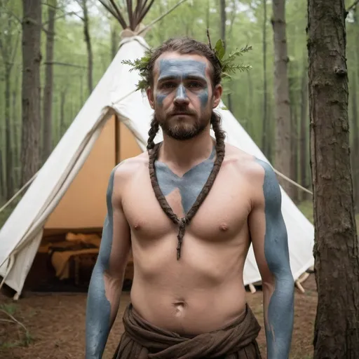Prompt: a male massage therapist with woad on his skin is dressed in iron age druid garb standing in the forest in front of his white canvas tent