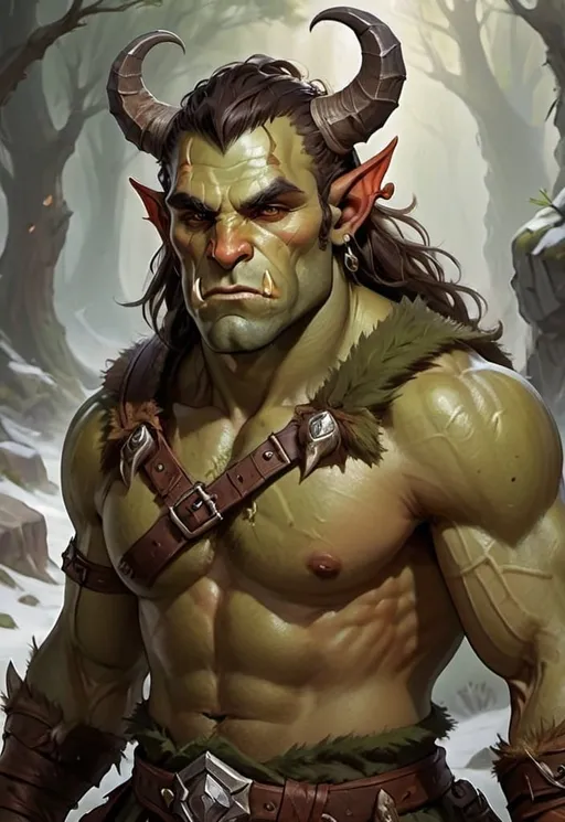 Prompt: dnd style rugged handsome male half-orc druid tan skin majestic horns full body