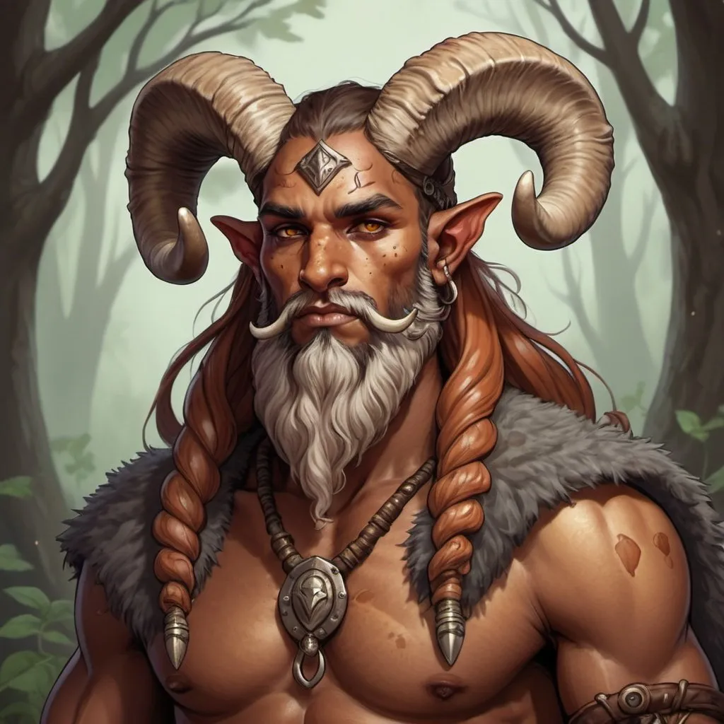 Prompt: Mushroom druid, tiefling, male, strong, mottled tan skin, ram horns, long beard in detailed illustration style
