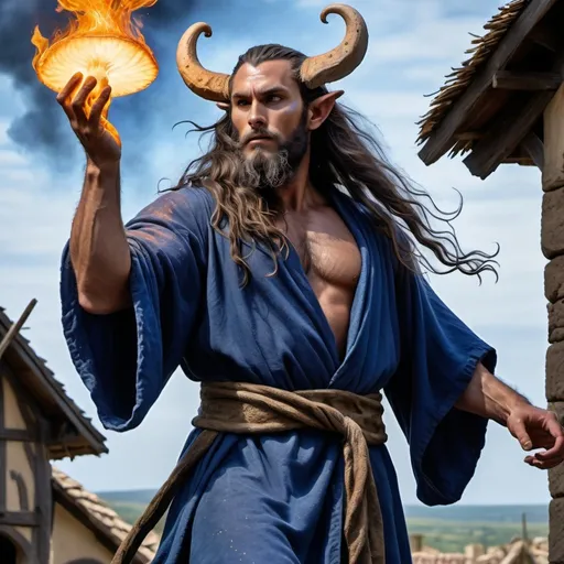 Prompt: a strong rugged 6 foot and 5 inches tall, 250 pound male tiefling mushroom druid with mottled tan skin, and long wavy dark hair and beard is wearing flowing indigo robes. He stands looking to the sky with his hand lifted high as blue flames surround him in a medieval village