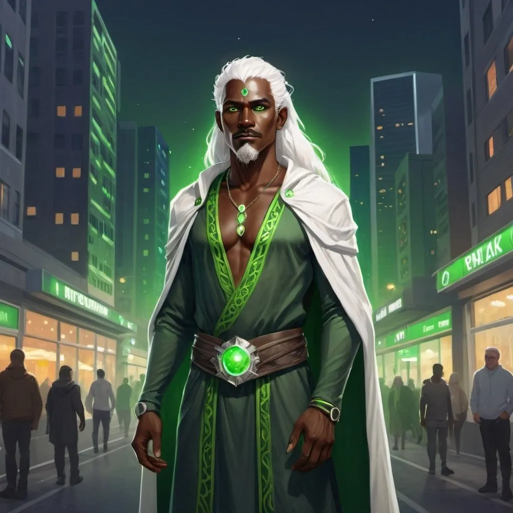 Prompt: full body fantasy illustration of a dark skinned human druid with bright green eyes, shining white hair and mustache standing in a modern city. 