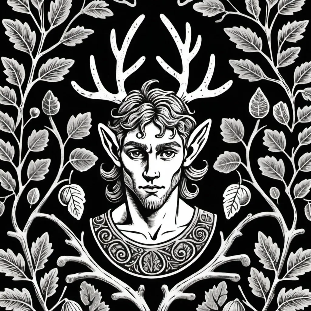 Prompt: vintage linocut style, young cernunnos, oak leaf acorn background, black and white only