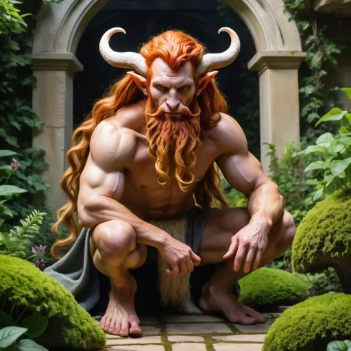 Prompt: a strong rugged 6 foot and 5 inches tall, 250 pound male tiefling mushroom druid with mottled tan skin, cloven hooves, and long wavy ginger hair and beard wearing only a loincloth is kneeling in a lush garden within an open courtyard of a manor. He is wreathed in magical flames