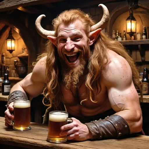 Prompt: a strong rugged 6 foot and 5 inches tall, 250 pound male tiefling mushroom druid with mottled tan skin, and long wavy ginger hair and beard wearing only a loincloth is laughing as sits at the bar in a medieval tavern with a mug of ale in his hands