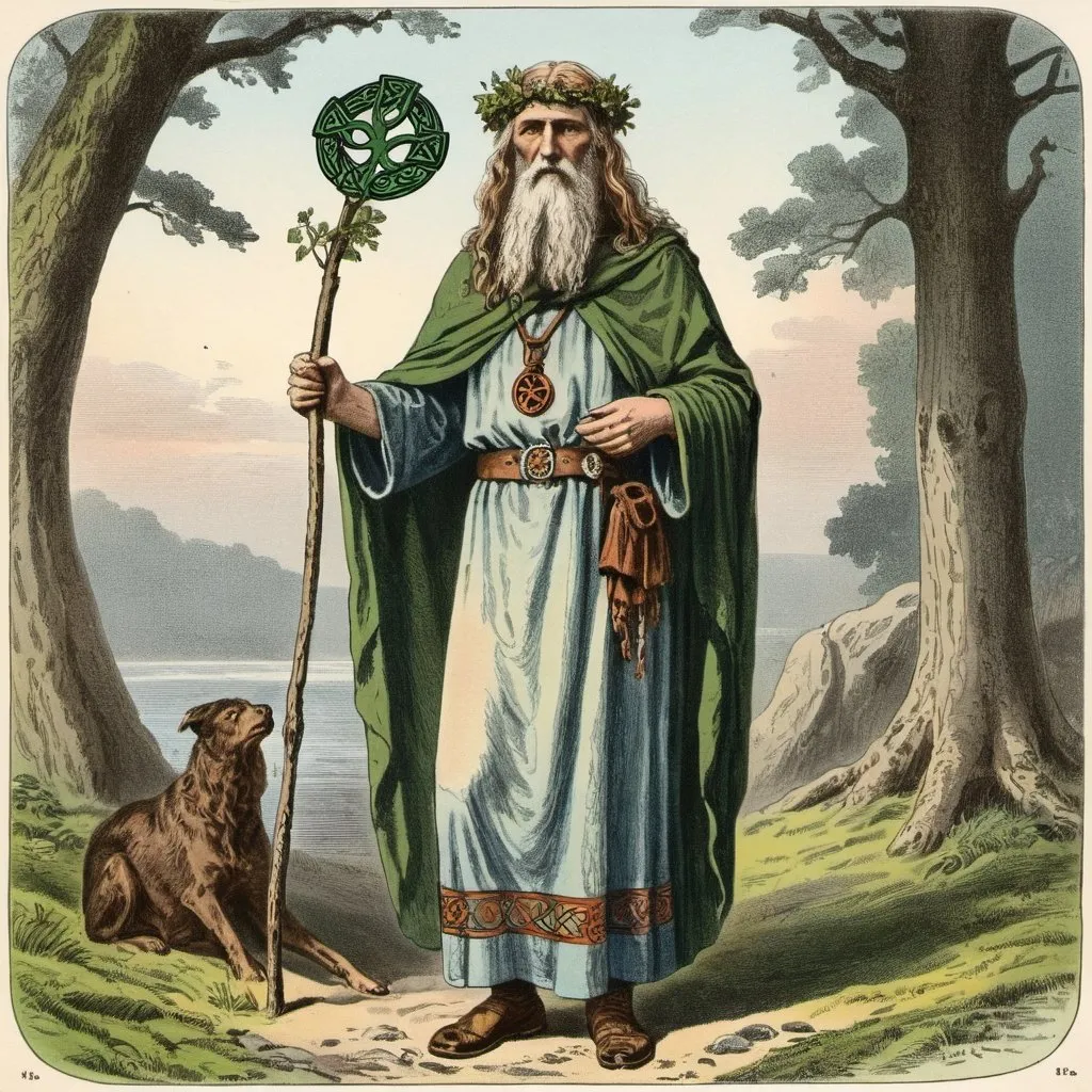 Prompt: celtic druid,hand-colored vintage English engraving circa 20th century,colorful,romanticism,full body