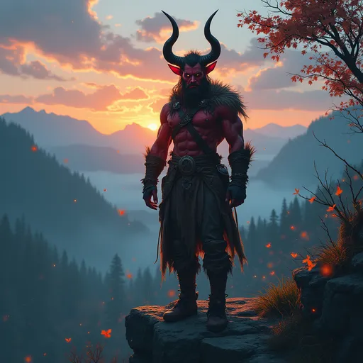 Prompt: Envision a rugged male tiefling druid standing on a craggy cliff, overlooking a vast, misty forest under a twilight sky. His striking red skin glistens with the fading light, casting a warm glow against the cool hues of the encroaching night. Majestic jagged horns curl upward, silhouetted against the soft pastel colors of the sunset, creating an imposing yet serene figure. His piercing eyes, filled with wisdom and depth, scan the horizon as leaves swirl gently around him, caught in the breath of a whispering, autumn breeze. He is clad in earthy tones, with accentuating furs and leather that blend seamlessly into the wild surroundings. The atmosphere is charged with the energy of nature, as fireflies begin to flicker to life around him. Cinematic lighting captures this moment, highlighting his fierce yet contemplative nature.