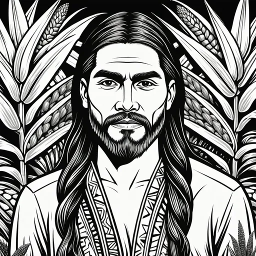 Prompt: woodcut style, handsome indigenous mestiso potter, long hair, beard, ears of corn and agave plant background, black and white only