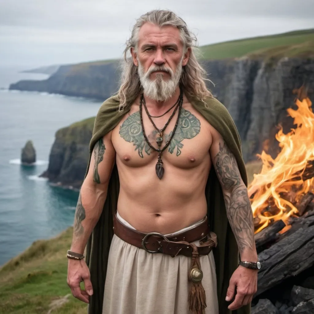 Prompt: a middle aged male druid with woad coloring his arms and chest and bronze age tattoos covering his torso is dressed in bronze age irish druid garb standing near a fire near a cliff overlooking the ocean
