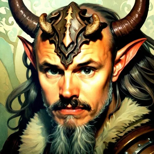Prompt: mushroom druid, tiefling, male, strong, majestic horns, leather armor, long beard style