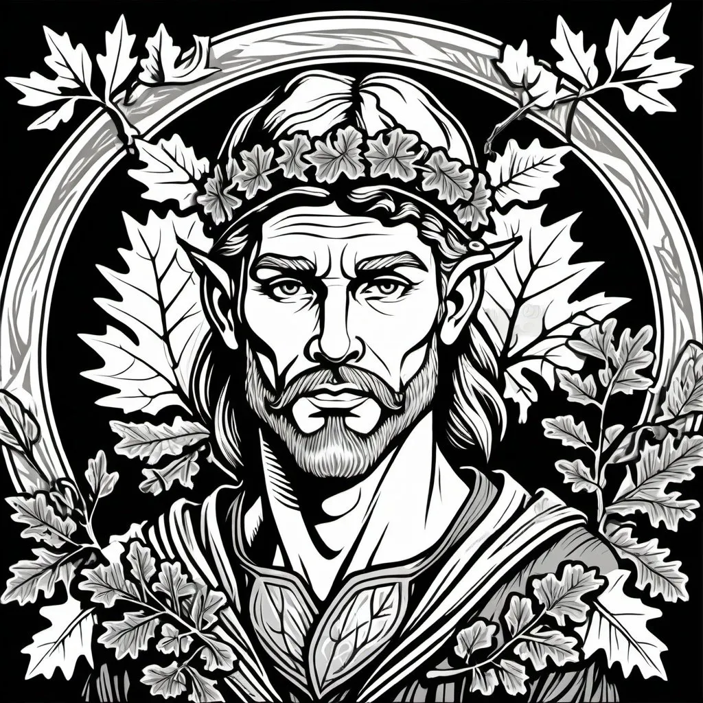 Prompt: woodcut style, handsome fae druid, oak leaf acorn background, black and white only