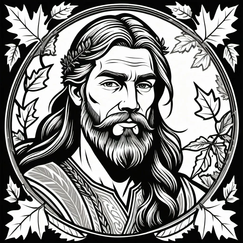 Prompt: woodcut style, handsome druid, long hair, beard with leaves in it, oak leaf acorn background, black and white only