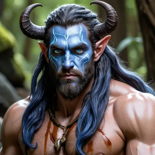 Prompt: a strong rugged 6 foot and 5 inches tall, 250 pound male tiefling druid with blue eyes, blue skin, long wavy indigo hair and a full beard is wearing only a loincloth