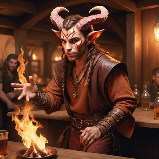 Prompt: full body hyper-realistic young rugged male tiefling druid character with fire hands in a tavern, fantasy character art, illustration, dnd, warm tone