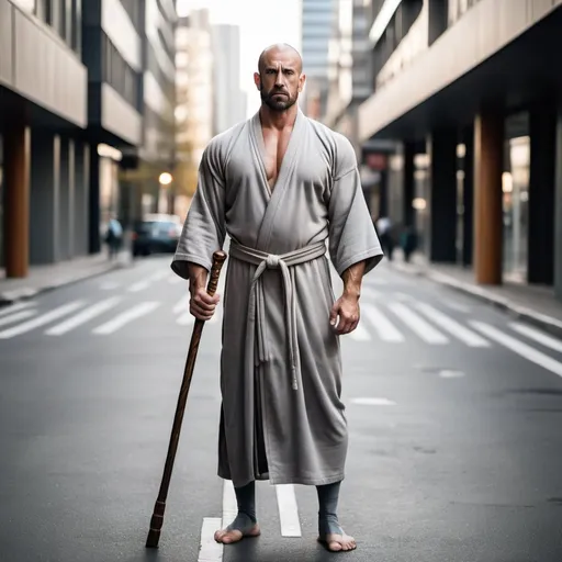Prompt: full body strong rugged man with bulging muscles wearing zen robes and holding a wooden staff. He stands in the middle of the street in a modern city