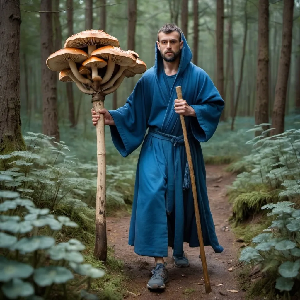 Prompt: full body strong rugged 30 year old man wearing layered blue monastic robes and holding a wooden staff that has mushrooms growing out of it