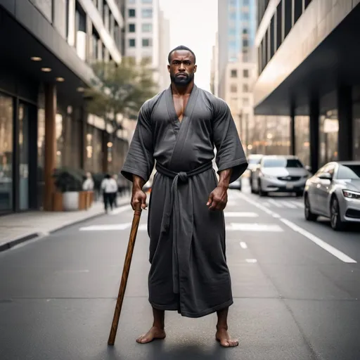 Prompt: full body strong rugged black man with bulging muscles wearing zen robes and holding a wooden staff. He stands in the middle of the street in a modern city