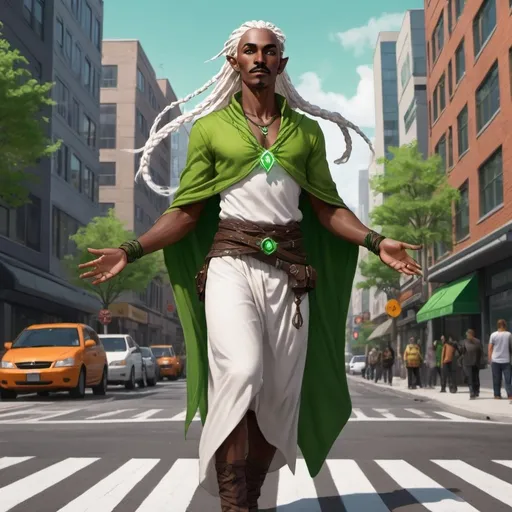 Prompt: full body d&d illustration of a dark skinned elven druid with bright green eyes, shining white braids and mustache levitating above the street in a modern city. 