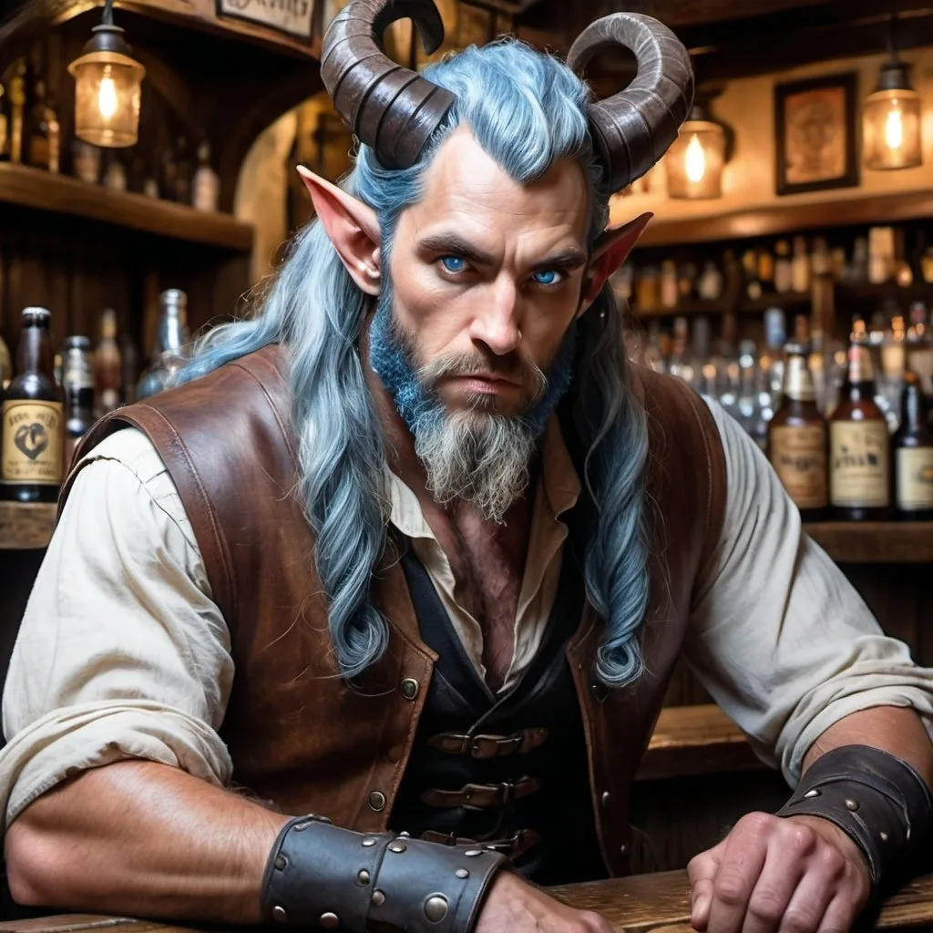 Prompt: a strong rugged 6 foot and 5 inches tall, 250 pound male tiefling druid with blue eyes, light blue skin, long wavy dark hair and a full beard is scowling as he sits at the bar in a medieval pub with an ale in his hand. He is wearing only a leather vest with his bulging biceps exposed.