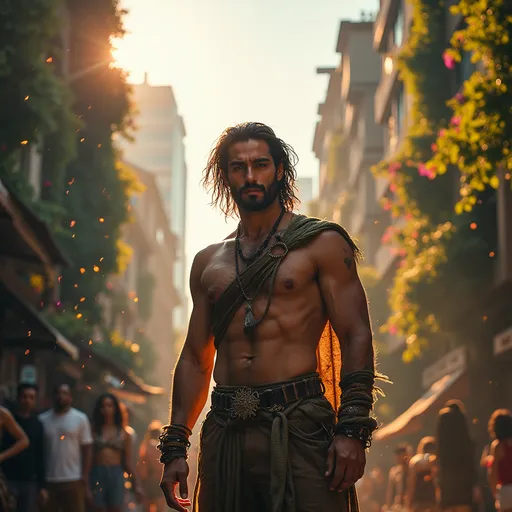 Prompt: Visualize a strikingly handsome, native american, 40-something druid with dark tousled hair, a very hairy chest, and a powerful physique, standing confidently amid a vibrant, bustling cityscape. Dressed in an eclectic mix of earthy tones, his attire is adorned with intricate natural motifs, while glowing runes subtly pulse with energy around him. The late afternoon sun casts a warm golden hue, illuminating the city’s high-rise buildings that tower above him, their sharp edges softened by cascading vines and flowers. Wisps of ethereal magic swirl around him, creating a contrast against the urban backdrop, some forming shimmering patterns in the air. In this moment, his piercing gaze radiates both strength and serenity, embodying the connection between nature and urban life. The scene is captured in cinematic lighting, evoking a sense of wonder and enchantment.