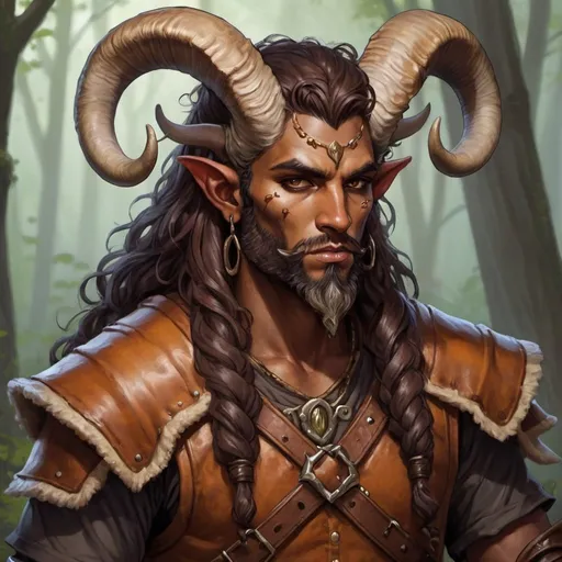 Prompt: early 20's Mushroom druid, tiefling, male, strong, mottled brown and tan skin, ram's horns, long dark hair, trim beard style, leather armor