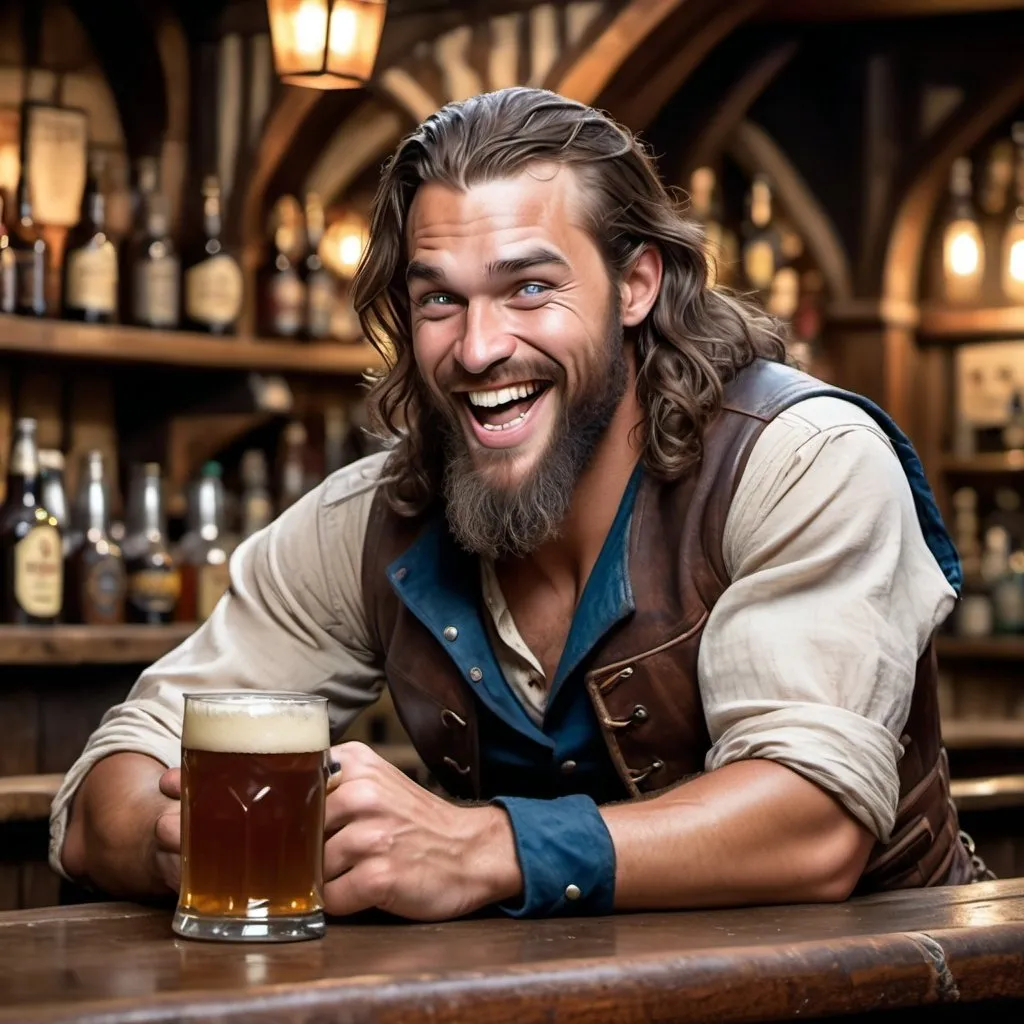 Prompt: a strong rugged 6 foot and 5 inches tall, 250 pound male human rogue with blue eyes, mottled tan skin, and long wavy dark hair and a full beard is laughing as he sits at the bar in a medieval pub with an ale in his hand. He is wearing only a leather vest