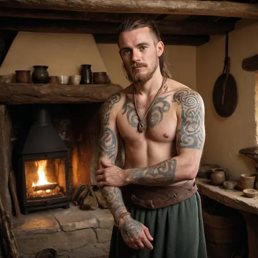 Prompt: a male massage therapist with woad and bronze age tattoos on his skin is dressed in bronze age irish druid garb standing near the hearth in his dwelling house