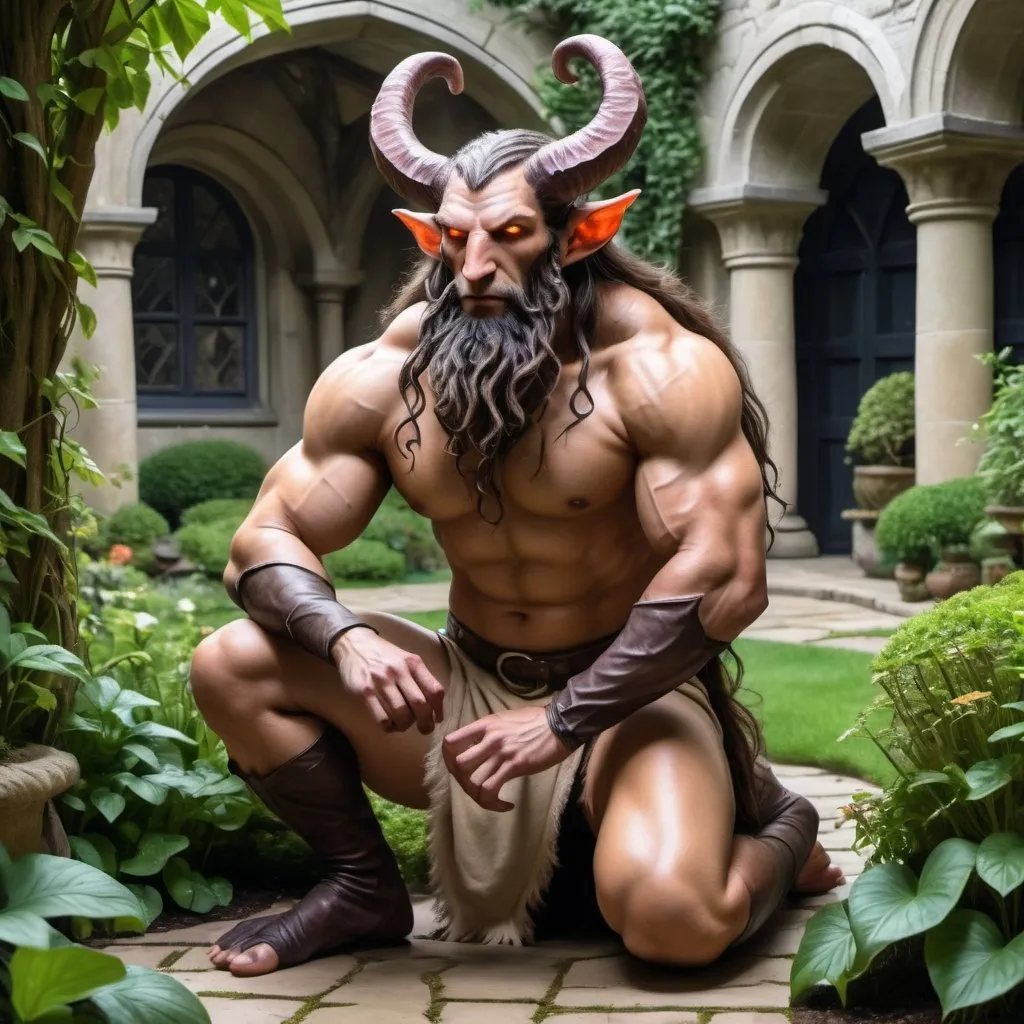 Prompt: a strong rugged 6 foot and 5 inches tall, 250 pound male tiefling mushroom druid with mottled tan skin, cloven hooves, and long wavy dark hair and beard wearing only a loincloth is kneeling in a lush garden within an open courtyard of a manor