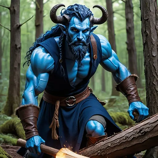 Prompt: a strong rugged 6 foot and 5 inches tall, 250 pound male tiefling druid with blue eyes, blue skin, long wavy indigo hair and a full beard is chopping wood in the forest