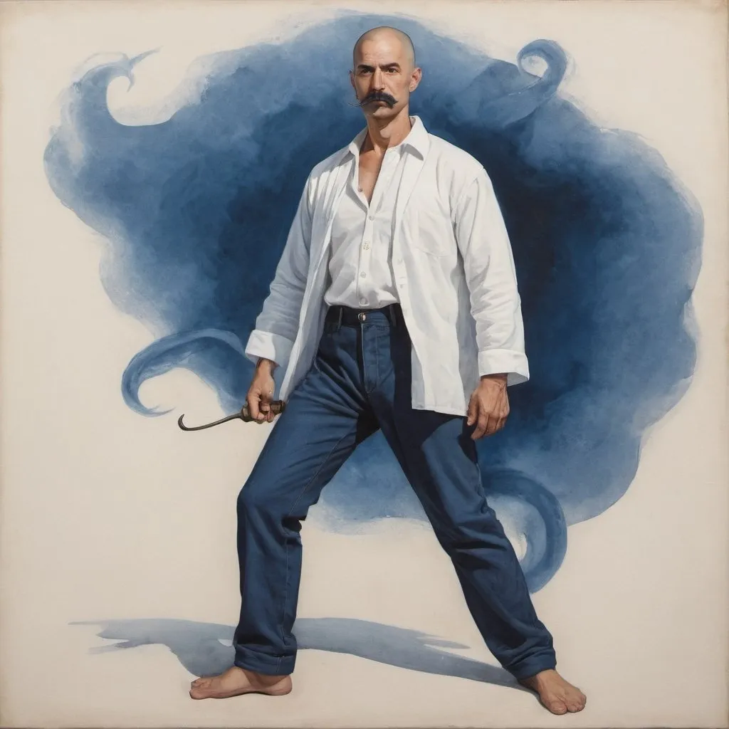 Prompt: full body, middle aged male, healer, horns, dark blue mustache and goatee, shaved head, tight blue pants, flowing white cotton shirt,on prepared canvas, gouache paint detail texture